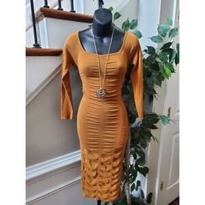 Love Always Women's Brown Solid Rayon Scoop Neck Long Sleeve Knee Length Dress S